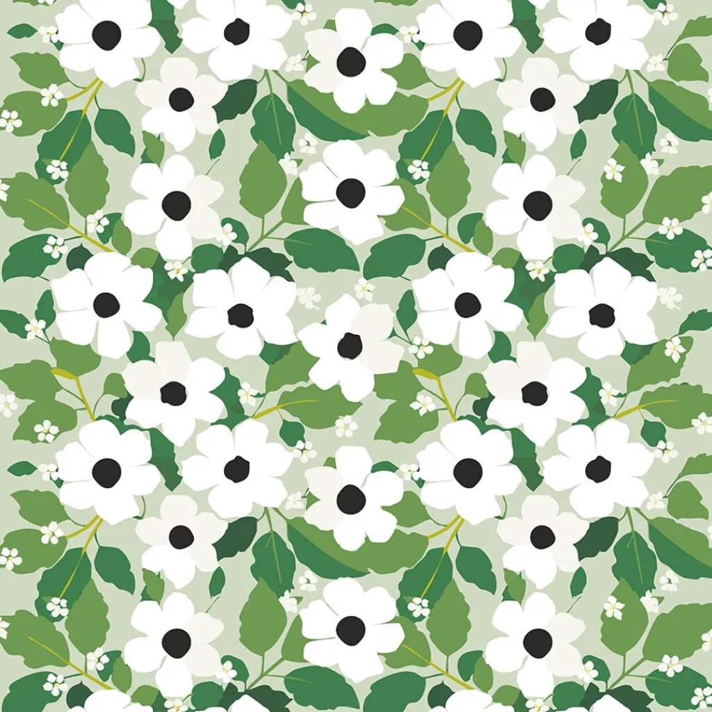 Gardintyger Mönstrade|Arvidssons Textil<Arvidssons textil Svartöga grön – blommigt tyg med vita blommor och gröna blad