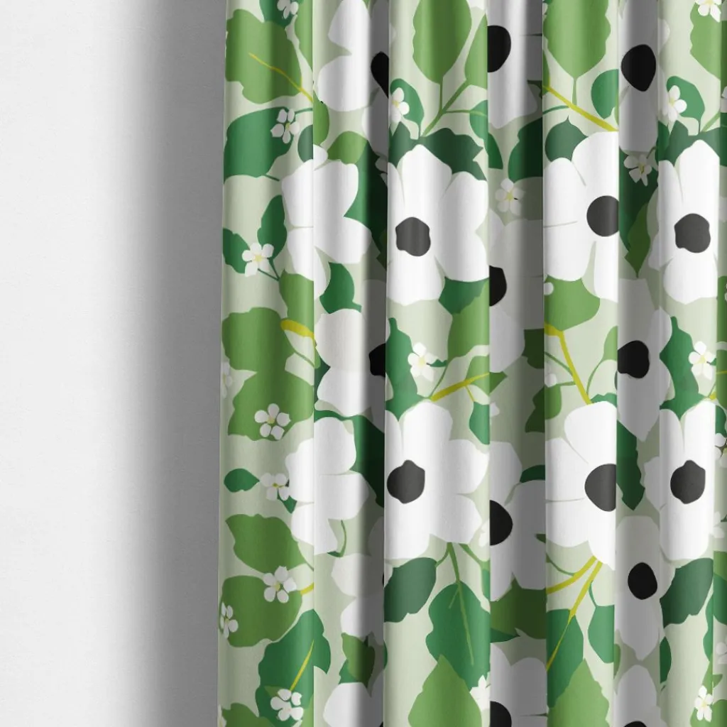 Gardintyger Mönstrade|Arvidssons Textil<Arvidssons textil Svartöga grön – blommigt tyg med vita blommor och gröna blad