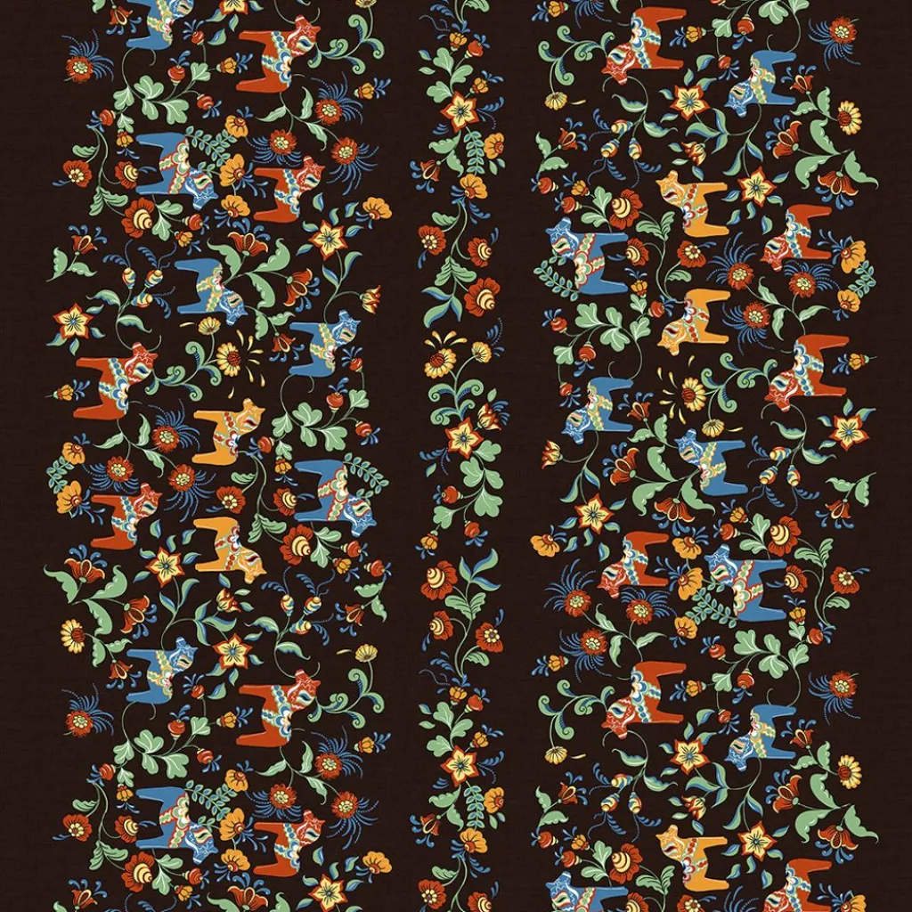 Textilvaxduk<Arvidssons textil Textilvaxduk Leksand bård svart med traditionellt dalahästmönster