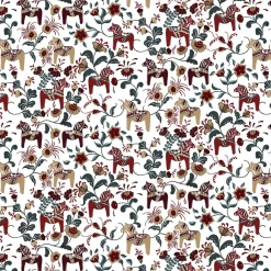 Textilvaxduk<Arvidssons textil Textilvaxduk Leksand vinröd-petrol med Traditionellt Dalahästmönster