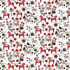 Textilvaxduk<Arvidssons textil Textilvaxduk Leksand vit-röd med traditionellt dalahästmönster