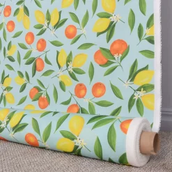 Blommiga Möbeltyger|Dynväv< Uteväv Citrus turkos tyg till utemöbler